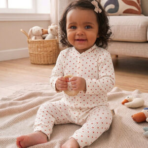 Heart Print Baby Romper - 100% Cotton Snap-Up Jumpsuit