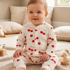 Cherry Print Baby Romper - 100% Cotton Snap-Up Jumpsuit