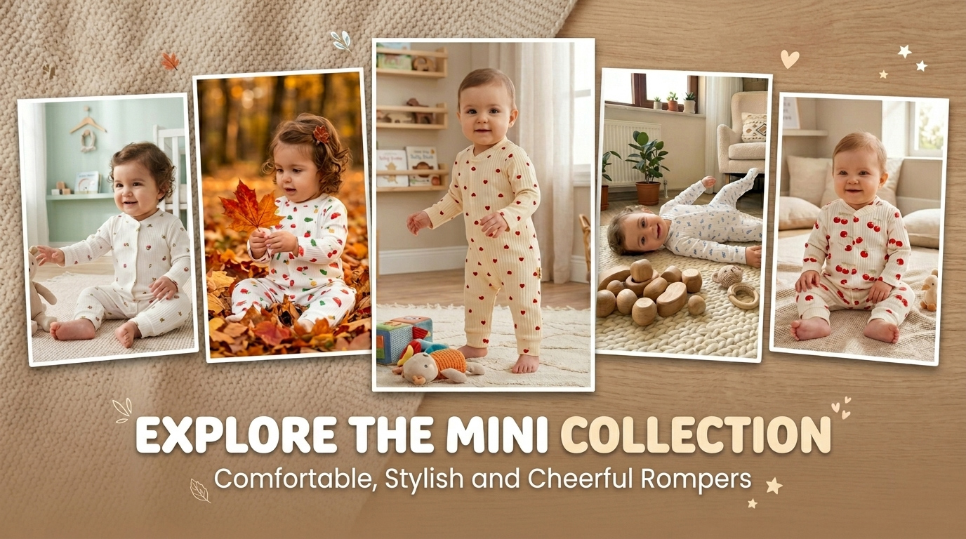 Banner showcasing baby rompers collection with comfortable, stylish, and colorful organic cotton sleepsuits.