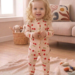 Cherry Print Baby Romper - 100% Cotton Snap-Up Jumpsuit