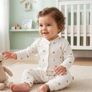 Tiny Rose Print Baby Romper - 100% Cotton Snap-Up Jumpsuit