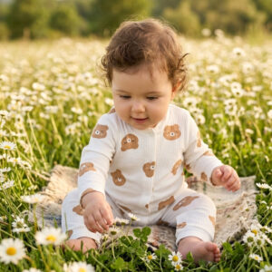 Bear Print Baby Romper - 100% Cotton Snap-Up Jumpsuit