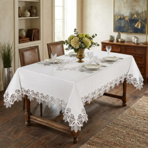 Verdant Elegance wholesale 160x220 cm luxury tablecloth with drooping leaf guipure lace borders for premium events