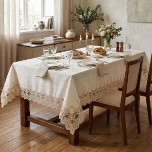Sultan Ottoman 160x220 cm luxury jacquard damask tablecloth with palace arch guipure lace trim for wedding events