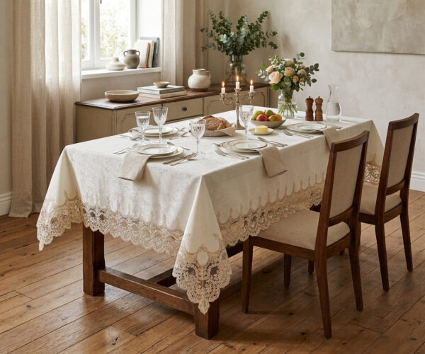 Sultan Ottoman 160x220 cm luxury jacquard damask tablecloth with palace arch guipure lace trim for wedding events