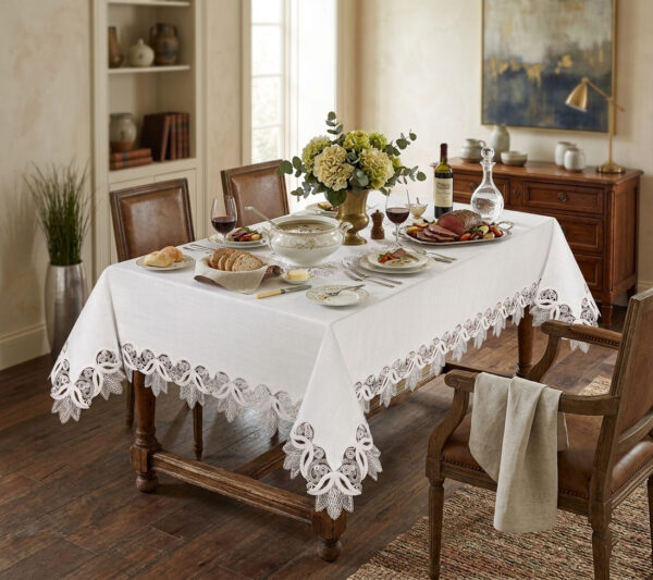 Verdant Elegance wholesale 160x220 cm luxury tablecloth with drooping leaf guipure lace borders for premium events