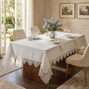 Gardenio Linen-Touch wholesale 160x220 cm luxury lace tablecloth with French guipure trim for banquet dining setups