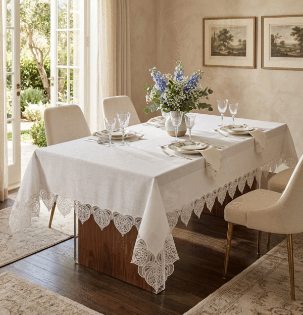 Gardenio Linen-Touch wholesale 160x220 cm luxury lace tablecloth with French guipure trim for banquet dining setups