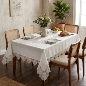 Amour and Linen wholesale 160x220 cm luxury tablecloth with romantic heart guipure lace borders for fine dining setups