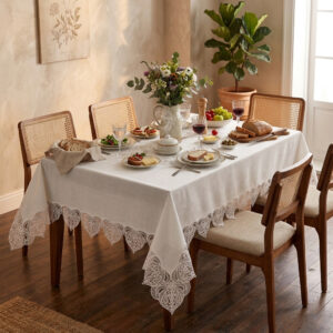 Amour and Linen wholesale 160x220 cm luxury tablecloth with romantic heart guipure lace borders for fine dining setups