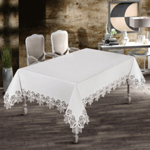Gardenio Baroque wholesale 160x260 cm luxury linen-look tablecloth with heavy scalloped guipure lace for grand banquet tables