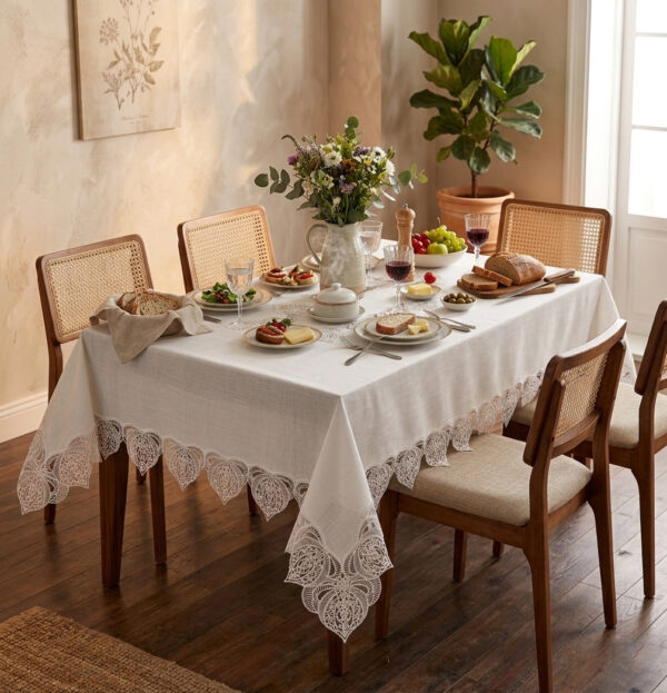 Amour and Linen wholesale 160x220 cm luxury tablecloth with romantic heart guipure lace borders for fine dining setups