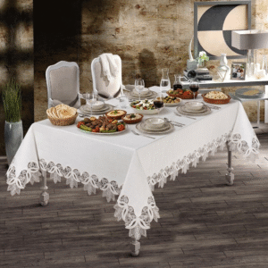 Gardenio Baroque wholesale 160x260 cm luxury linen-look tablecloth with heavy scalloped guipure lace for grand banquet tables