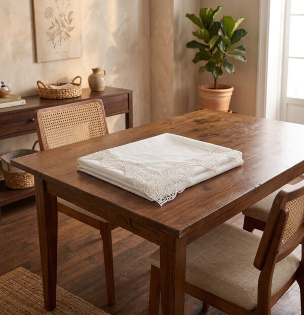 Amour and Linen wholesale 160x220 cm luxury tablecloth with romantic heart guipure lace borders for fine dining setups