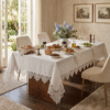 Gardenio Linen-Touch wholesale 160x220 cm luxury lace tablecloth with French guipure trim for banquet dining setups