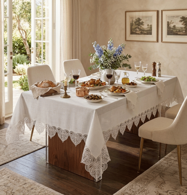 Gardenio Linen-Touch wholesale 160x220 cm luxury lace tablecloth with French guipure trim for banquet dining setups
