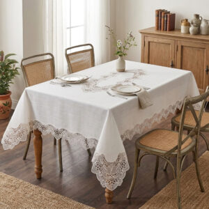 Oceanique Lace wholesale 160x220 cm luxury tablecloth with scalloped guipure borders and center lace medallion for wedding events