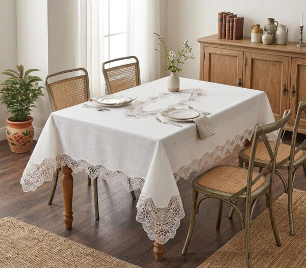Oceanique Lace wholesale 160x220 cm luxury tablecloth with scalloped guipure borders and center lace medallion for wedding events