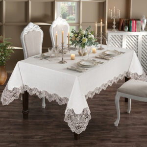 Gardenio Royal wholesale 160x220 cm luxury linen-look tablecloth with fine crown guipure lace for premium hotel dining
