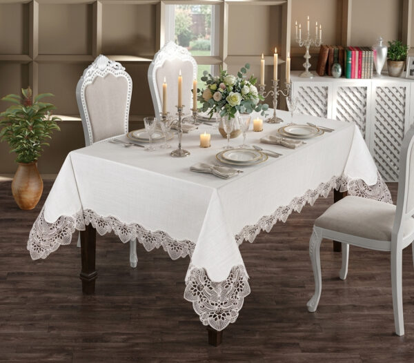 Gardenio Royal wholesale 160x220 cm luxury linen-look tablecloth with fine crown guipure lace for premium hotel dining