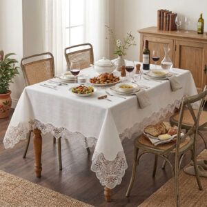 Oceanique Lace wholesale 160x220 cm luxury tablecloth with scalloped guipure borders and center lace medallion for wedding events