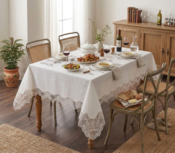 Oceanique Lace wholesale 160x220 cm luxury tablecloth with scalloped guipure borders and center lace medallion for wedding events