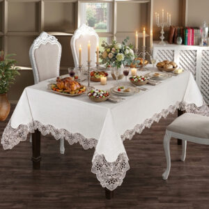 Gardenio Royal wholesale 160x220 cm luxury linen-look tablecloth with fine crown guipure lace for premium hotel dining