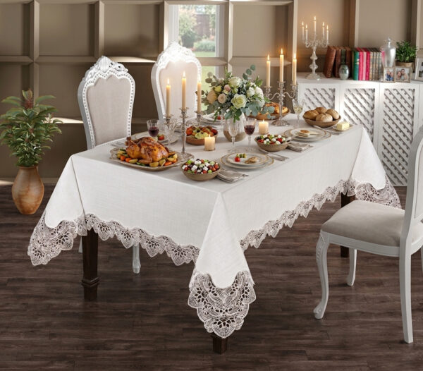 Gardenio Royal wholesale 160x220 cm luxury linen-look tablecloth with fine crown guipure lace for premium hotel dining