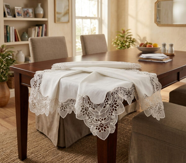 Gardenio Royal wholesale 160x220 cm luxury linen-look tablecloth with fine crown guipure lace for premium hotel dining
