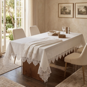 Gardenio Linen-Touch wholesale 160x220 cm luxury lace tablecloth with French guipure trim for banquet dining setups