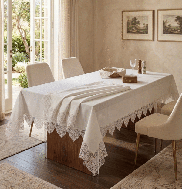 Gardenio Linen-Touch wholesale 160x220 cm luxury lace tablecloth with French guipure trim for banquet dining setups