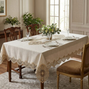Imperial Gold wholesale 160x220 cm luxury tablecloth with antique gold palace medallion guipure borders and center runner for weddings