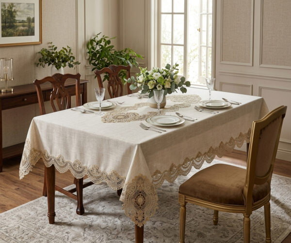 Imperial Gold wholesale 160x220 cm luxury tablecloth with antique gold palace medallion guipure borders and center runner for weddings