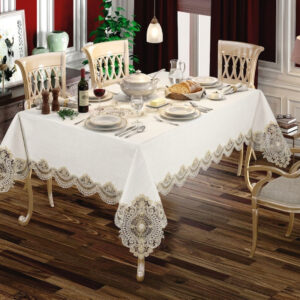 Imperial Gold wholesale 160x220 cm luxury tablecloth with antique gold palace medallion guipure borders and center runner for weddings