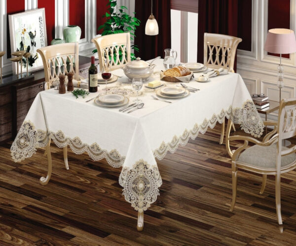 Imperial Gold wholesale 160x220 cm luxury tablecloth with antique gold palace medallion guipure borders and center runner for weddings