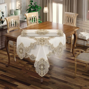 Imperial Gold wholesale 160x220 cm luxury tablecloth with antique gold palace medallion guipure borders and center runner for weddings