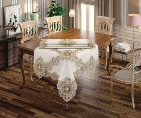 Imperial Gold wholesale 160x220 cm luxury tablecloth with antique gold palace medallion guipure borders and center runner for weddings