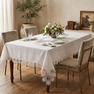 Flora Majestic wholesale 160x220 cm luxury tablecloth with interconnected floral guipure lace borders and center runner for weddings