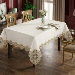 Amber and Lace wholesale 160x220 cm luxury tablecloth with two-tone gold medallion guipure borders for wedding events
