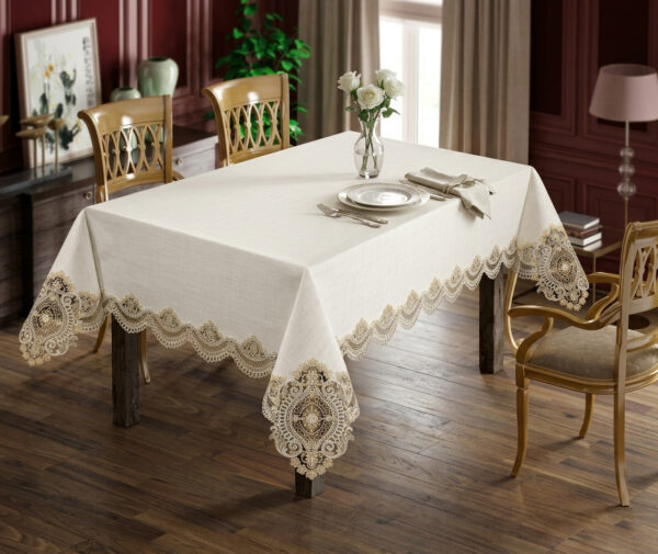 Amber and Lace wholesale 160x220 cm luxury tablecloth with two-tone gold medallion guipure borders for wedding events