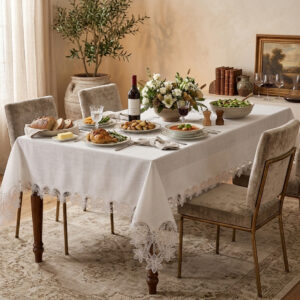 Flora Majestic wholesale 160x220 cm luxury tablecloth with interconnected floral guipure lace borders and center runner for weddings