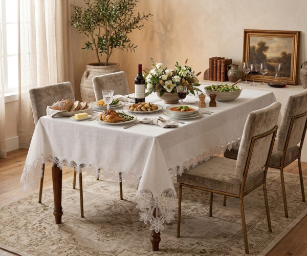 Flora Majestic wholesale 160x220 cm luxury tablecloth with interconnected floral guipure lace borders and center runner for weddings