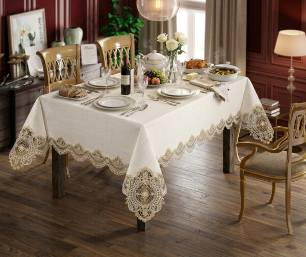 Amber and Lace wholesale 160x220 cm luxury tablecloth with two-tone gold medallion guipure borders for wedding events