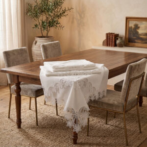 Flora Majestic wholesale 160x220 cm luxury tablecloth with interconnected floral guipure lace borders and center runner for weddings