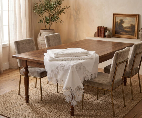 Flora Majestic wholesale 160x220 cm luxury tablecloth with interconnected floral guipure lace borders and center runner for weddings