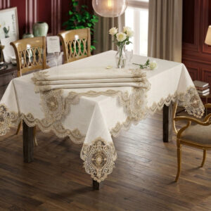 Amber and Lace wholesale 160x220 cm luxury tablecloth with two-tone gold medallion guipure borders for wedding events