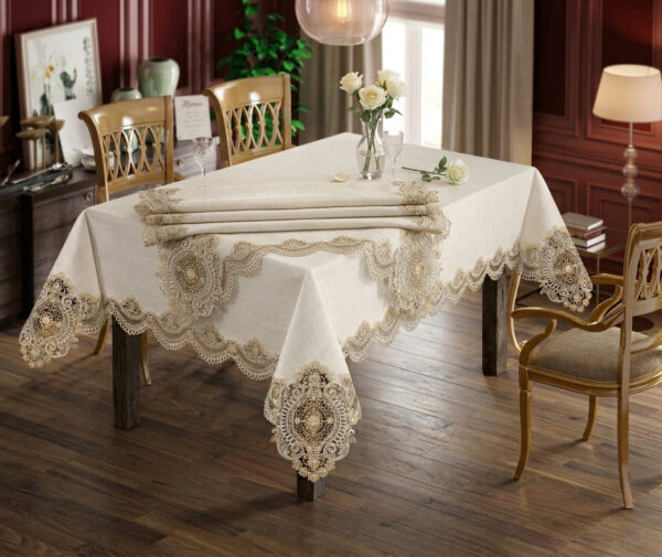 Amber and Lace wholesale 160x220 cm luxury tablecloth with two-tone gold medallion guipure borders for wedding events