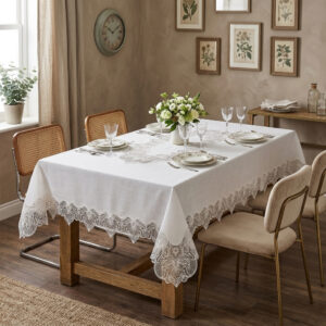 Majestic Crown 160x220 cm luxury linen-look tablecloth with crown guipure lace borders for high-end wedding events