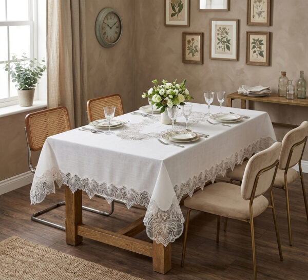 Majestic Crown 160x220 cm luxury linen-look tablecloth with crown guipure lace borders for high-end wedding events