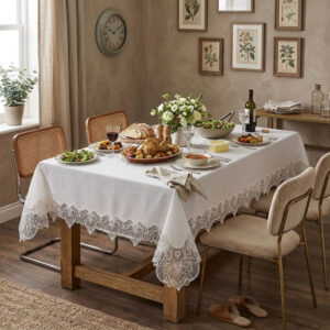 Majestic Crown 160x220 cm luxury linen-look tablecloth with crown guipure lace borders for high-end wedding events